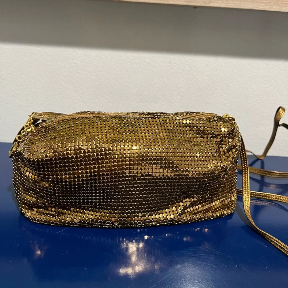 Bronze Mesh Purse Metallic Brown Metal Barrel Crossbody Bag Vintage 80s 90s